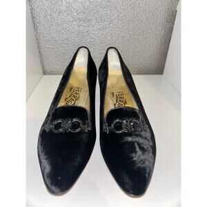 Salvatore Ferragamo  Black  Velvet  Black Rhinestone Buckle  Kitten Heels  6
